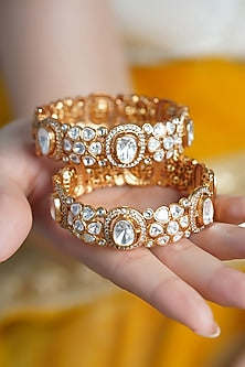 Yellow Gold Finish Kundan Polki Bangles (Set Of 2)