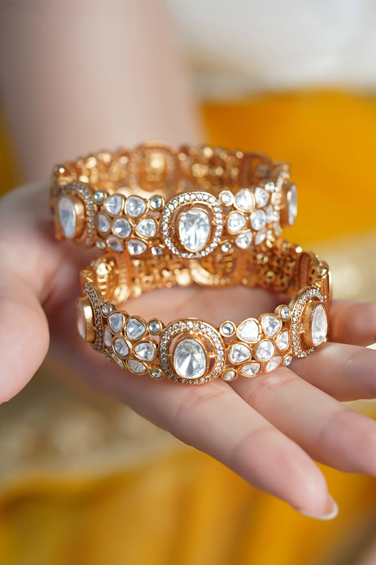 Yellow Gold Finish Kundan Polki Bangles (Set Of 2)