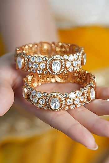 Yellow Gold Finish Kundan Polki Bangles (Set Of 2)