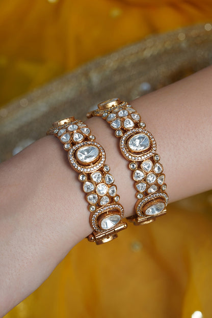 Yellow Gold Finish Kundan Polki Bangles (Set Of 2)