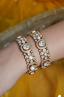 Yellow Gold Finish Kundan Polki Bangles (Set Of 2)