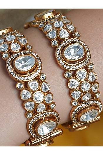 Yellow Gold Finish Kundan Polki Bangles (Set Of 2)