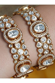 Yellow Gold Finish Kundan Polki Bangles (Set Of 2)