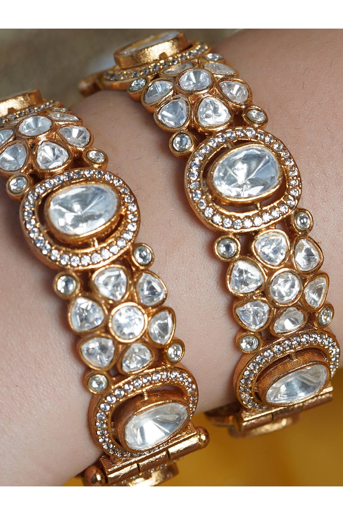 Yellow Gold Finish Kundan Polki Bangles (Set Of 2)
