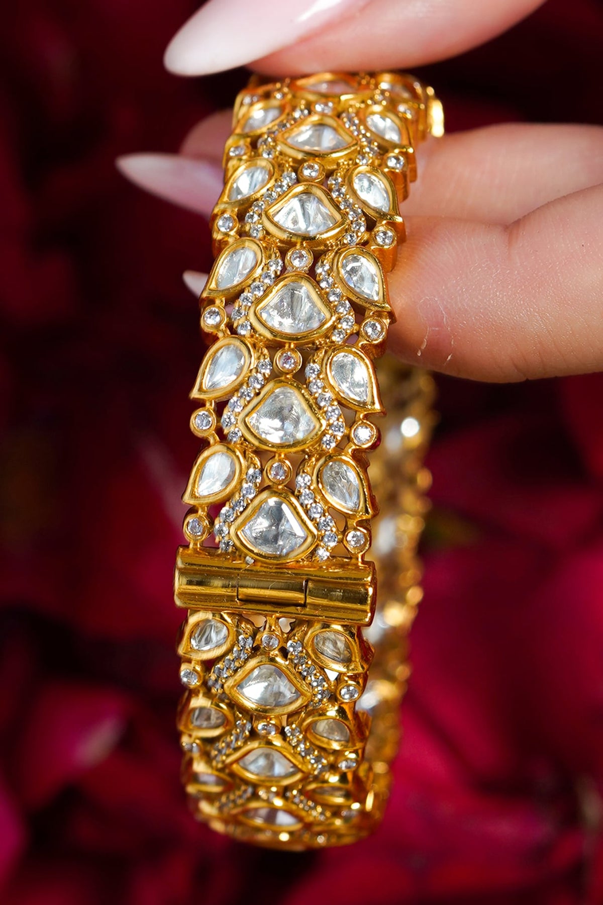 Yellow Gold Finish Kundan Polki Bangles (Set Of 2)
