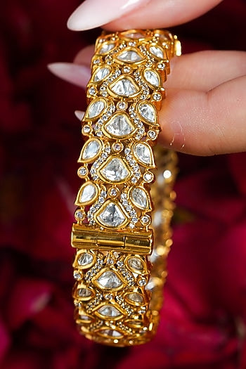 Yellow Gold Finish Kundan Polki Bangles (Set Of 2)