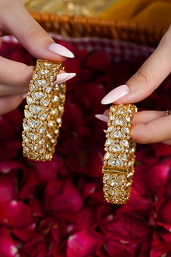 Yellow Gold Finish Kundan Polki Bangles (Set Of 2)