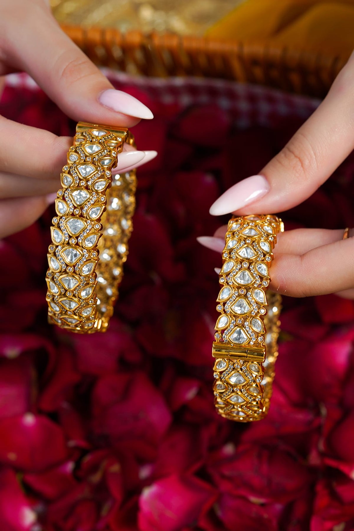Yellow Gold Finish Kundan Polki Bangles (Set Of 2)