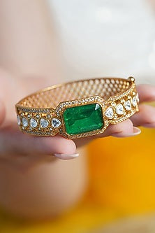 Yellow Gold Finish Kundan Polki & Green Stone Bracelet