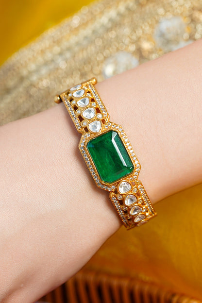 Yellow Gold Finish Kundan Polki & Green Stone Bracelet