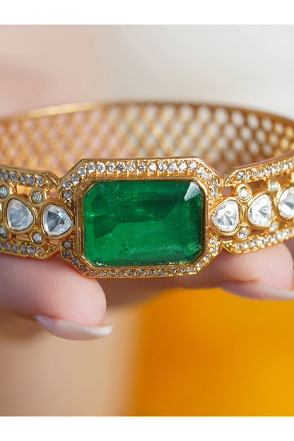 Yellow Gold Finish Kundan Polki & Green Stone Bracelet