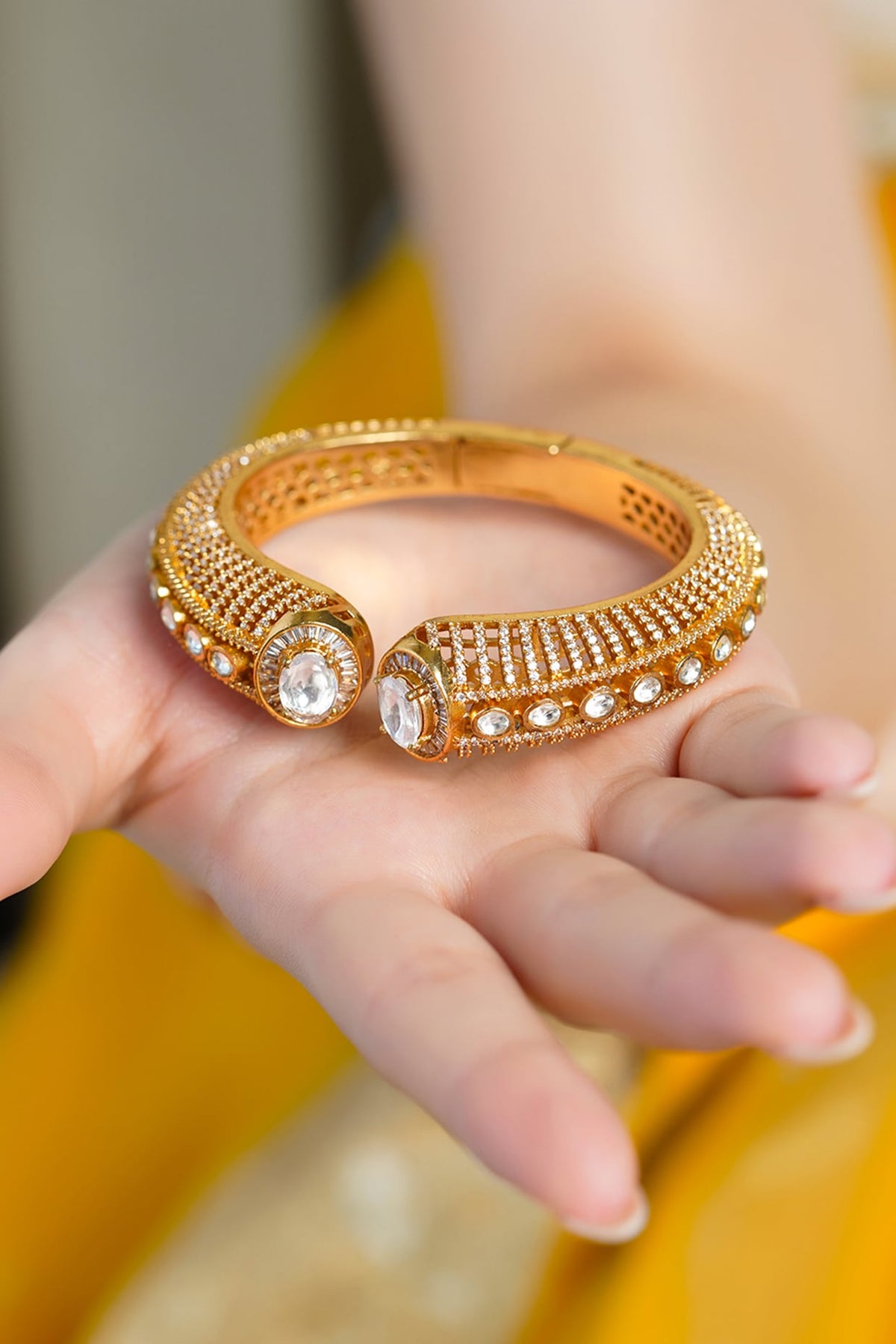 Yellow Gold Finish Kundan Polki Bangle