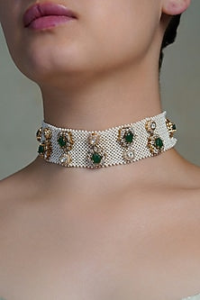 Yellow Gold Finish Pearl & Emerald Stone Floral Choker Necklace