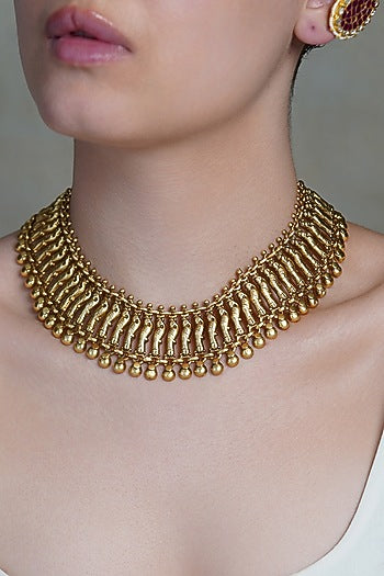 Yellow Gold Finish Fringe Choker Necklace