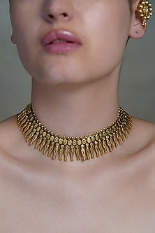Yellow Gold Finish Fringe Choker Necklace