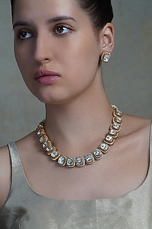 Yellow Gold Finish Kundan Polki Halo Necklace Set