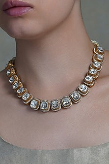Yellow Gold Finish Kundan Polki Halo Necklace Set