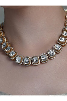 Yellow Gold Finish Kundan Polki Halo Necklace Set