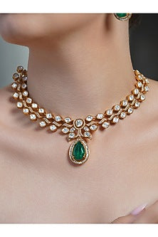 Gold Finish Jade Green Stone Necklace Set