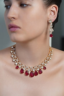Yellow Gold Finish Ruby Stone Necklace Set