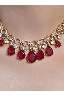 Yellow Gold Finish Ruby Stone Necklace Set