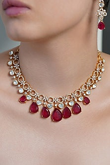 Yellow Gold Finish Ruby Stone Necklace Set