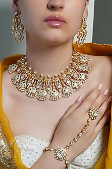 Yellow Gold Finish Peacock Motif Choker Necklace Set