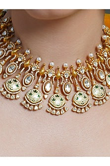 Yellow Gold Finish Peacock Motif Choker Necklace Set