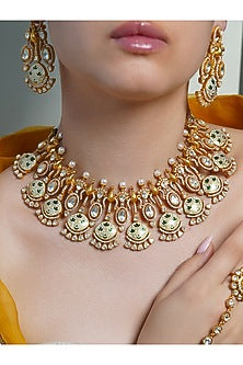 Yellow Gold Finish Peacock Motif Choker Necklace Set