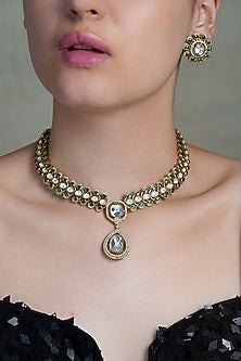 Yellow Gold Finish Green Teardrop Gemstone Necklace Set