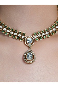 Yellow Gold Finish Green Teardrop Gemstone Necklace Set