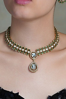 Yellow Gold Finish Green Teardrop Gemstone Necklace Set