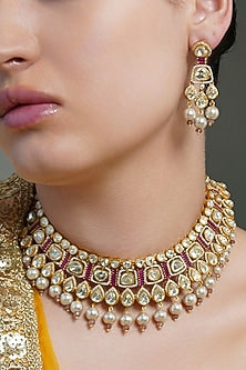 Yellow Gold Finish Ruby Stone Choker Necklace Set