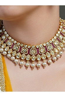 Yellow Gold Finish Ruby Stone Choker Necklace Set