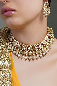 Yellow Gold Finish Ruby Stone Choker Necklace Set