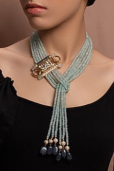Gold Finish Long Necklace With Agate Beads