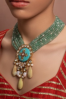 Gold Finish Necklace With Green Agate Beads