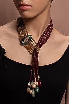 Gold Finish Necklace With Red Agate Beads