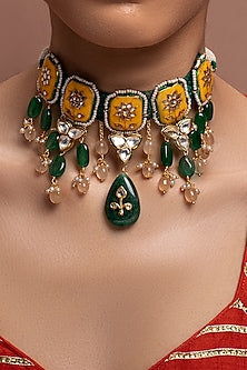 Gold Finish Ocre Meenakari Necklace