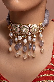 Gold Finish Kundan Polki Meenakari Necklace