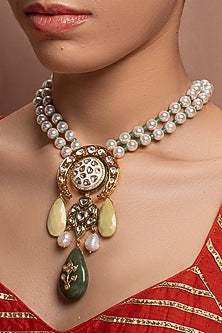 Gold Finish Long Necklace With Jade Drop