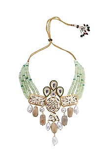 Gold Finish Pearl Necklace With Green Agate Beads
