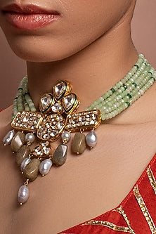 Gold Finish Pearl Necklace With Green Agate Beads