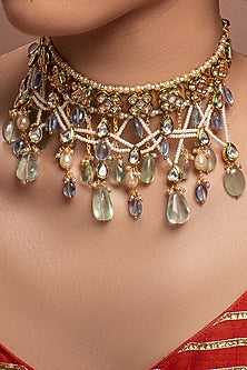 Gold Finish Necklace With Kundan Polki