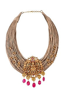 Gold Finish Lakshmi Pendant Necklace