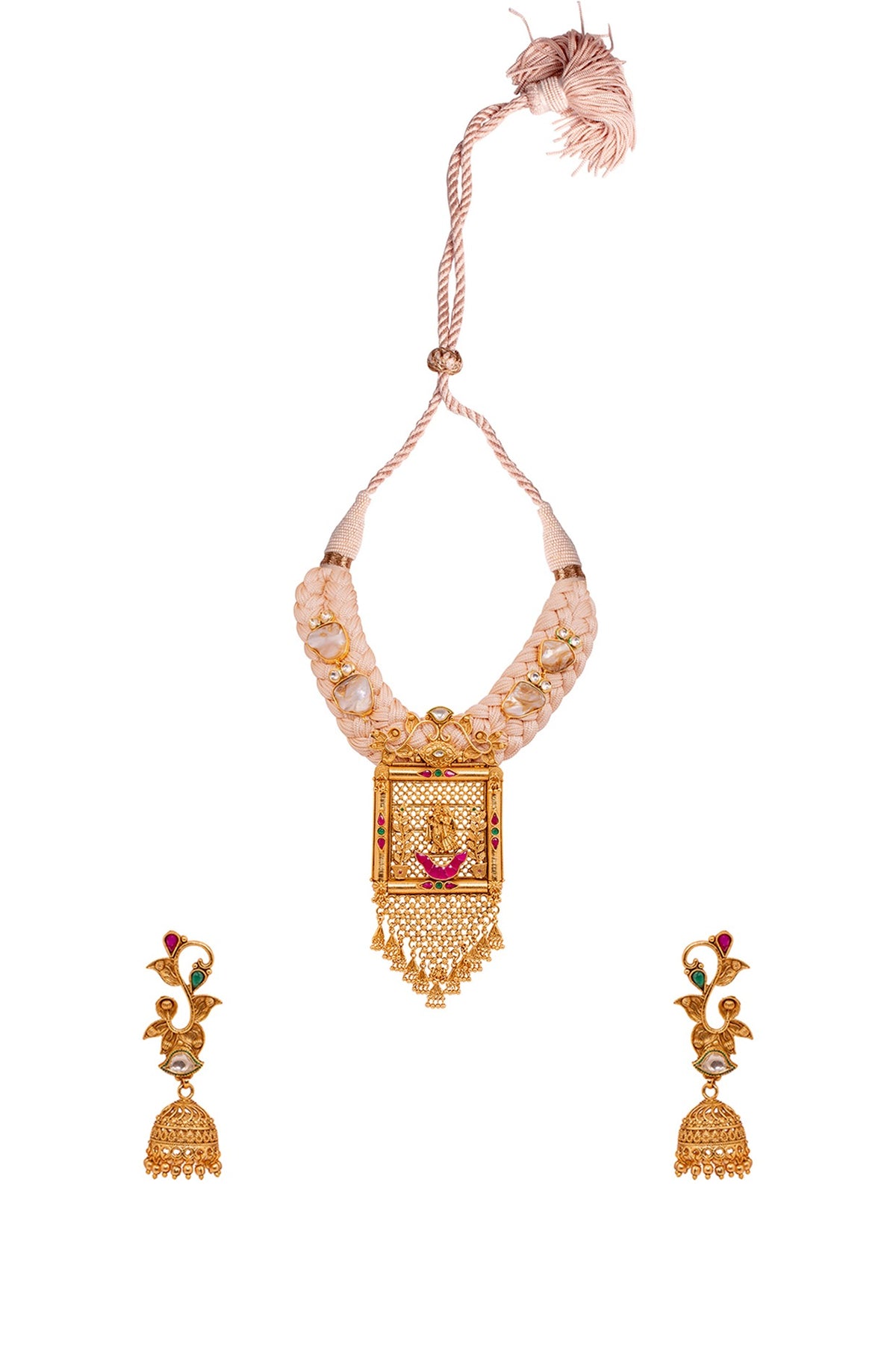 Gold Finish Zircons Temple Pendant Necklace Set