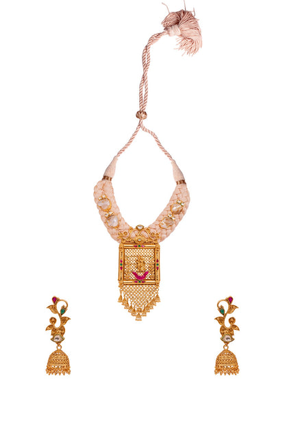 Gold Finish Zircons Temple Pendant Necklace Set