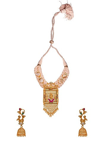 Gold Finish Zircons Temple Pendant Necklace Set
