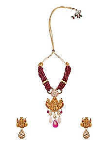 Gold Finish Temple Necklace Set With Red Agate Beads