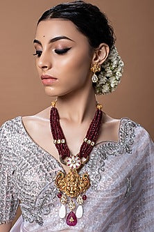 Gold Finish Temple Necklace Set With Red Agate Beads